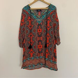 Feathers by Tolani Blue and Red Paisley Print Ruched Sleeve Blouse Top Size L